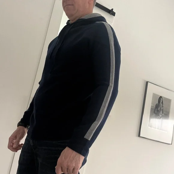 Theory Navy Hoodie Sweater with Gray Stripes